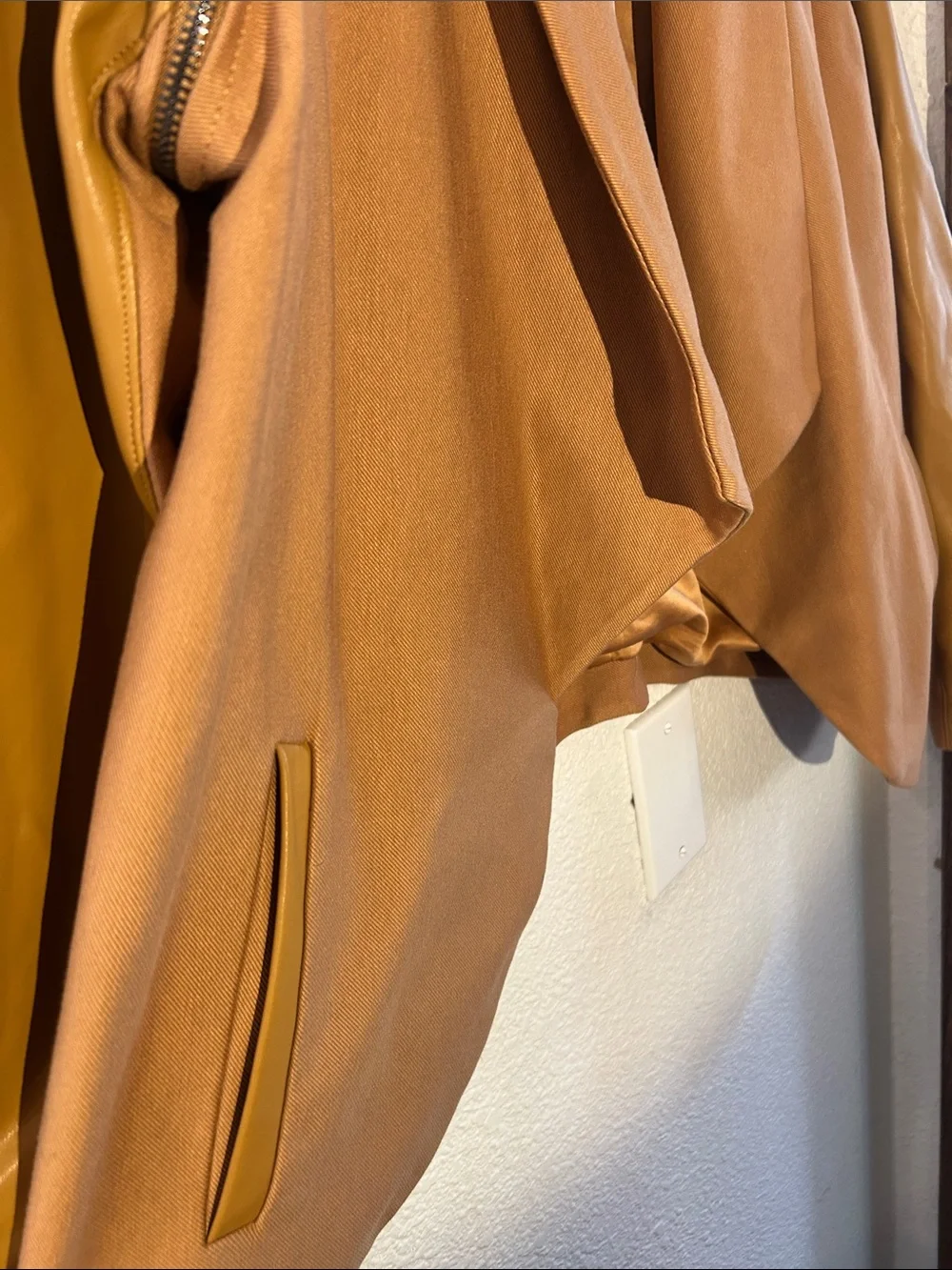 G by Giuliana Tan Camel Cropped Blazer with Faux-Leather Sleeves